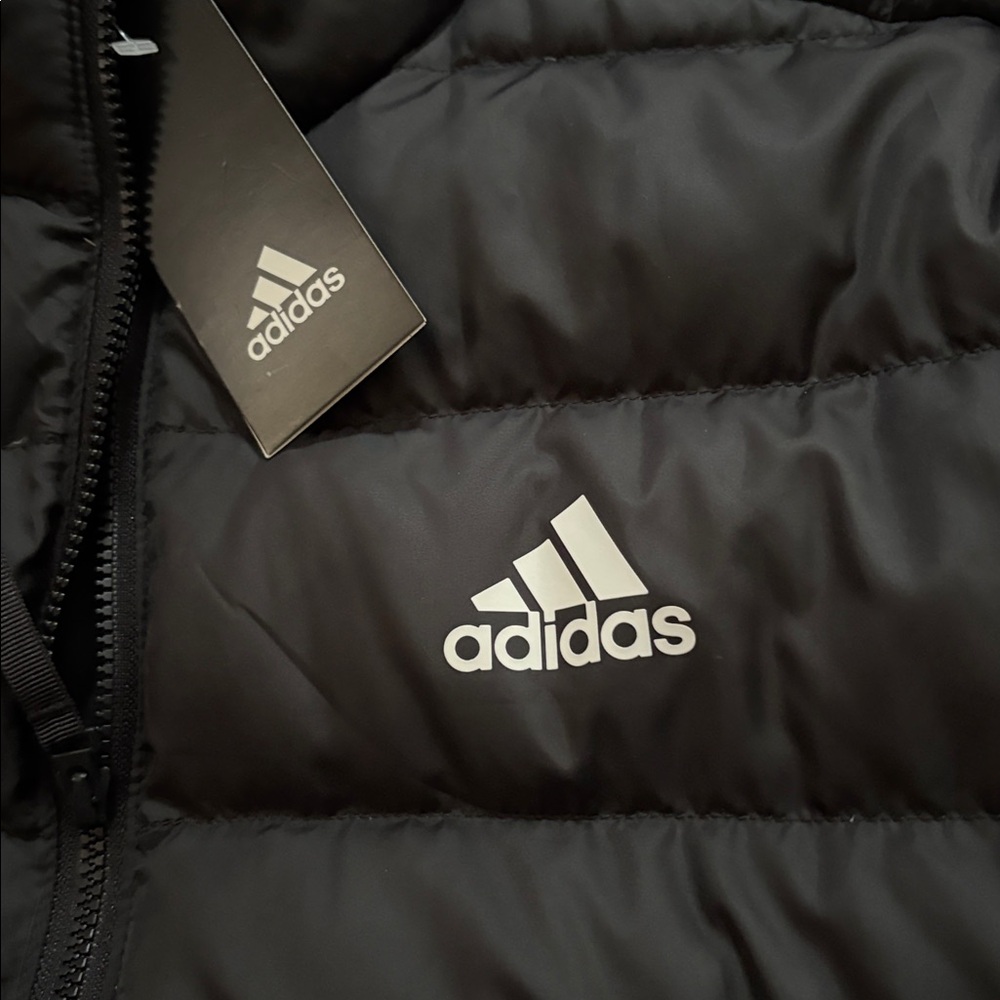 Adidas Black Puffer Jacket with White Stripes - Picture 2 of 3